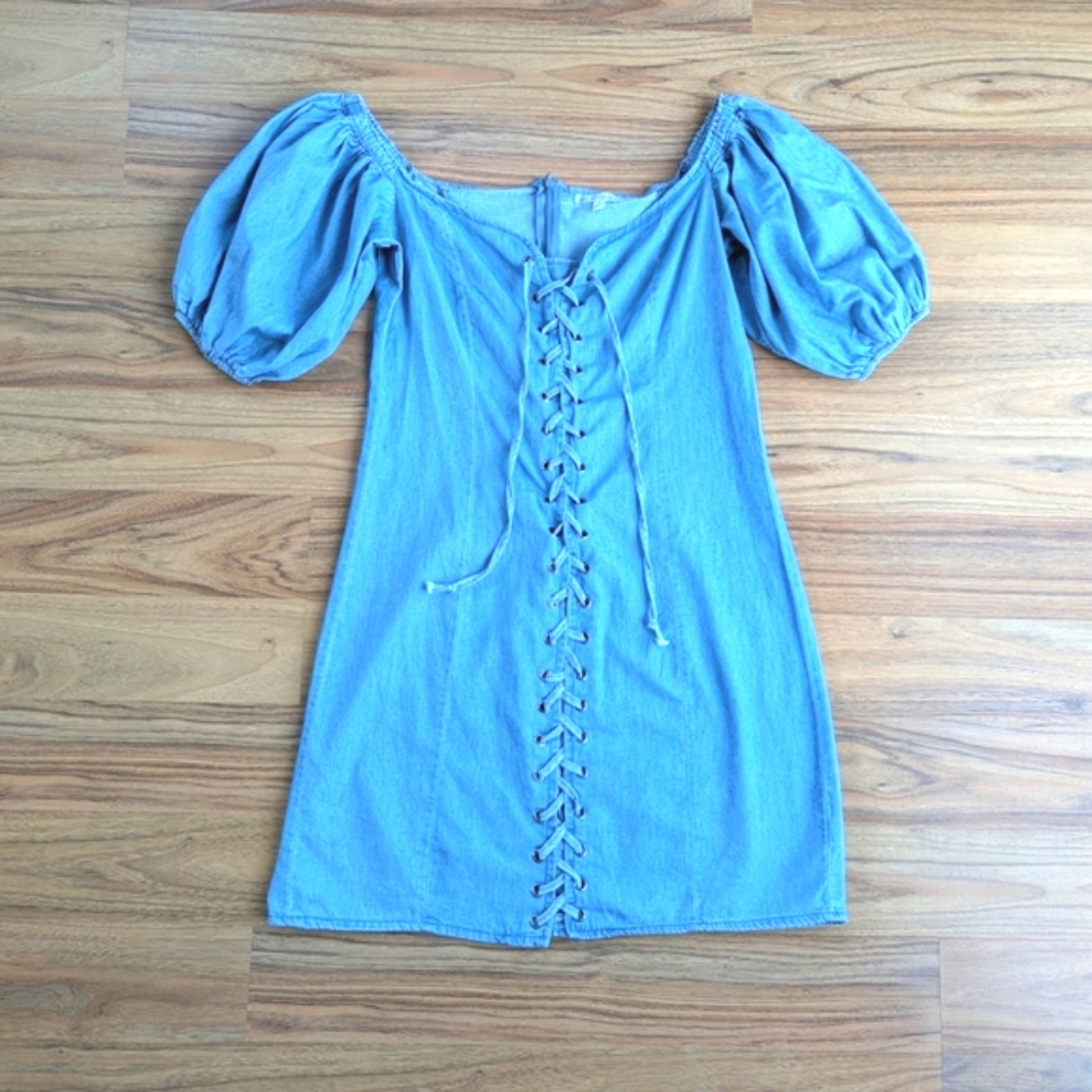 Blue Off-Shoulder Lace-Up Dress